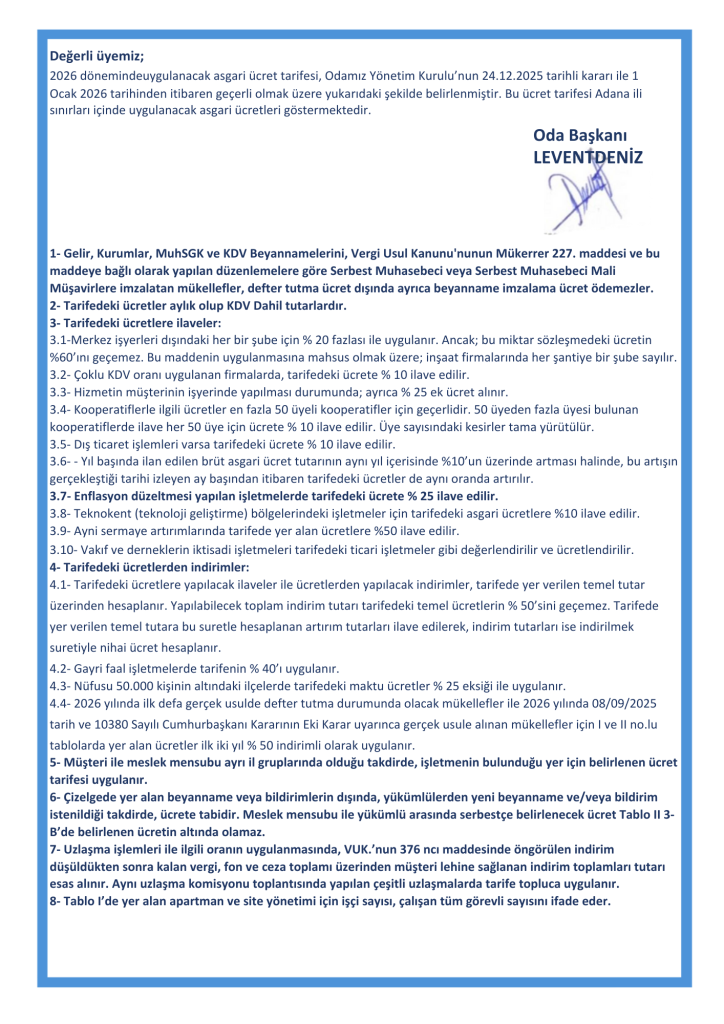 2026 YILI UYGULANMASI ÖNERİLEN MALİ MÜŞAVİRLİK ÜCRET TARİFESİ | ASMMMO